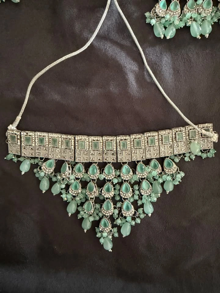 Bridal Jewelry Set | Silver & Mint Green | Necklace + Earrings - photo 4