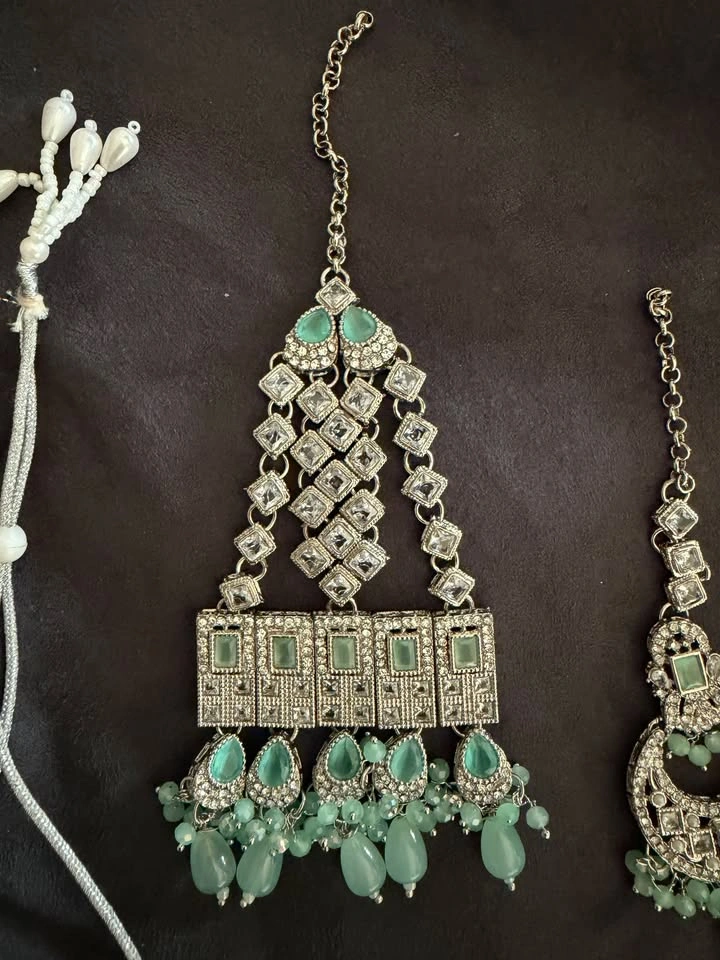 Bridal Jewelry Set | Silver & Mint Green | Necklace + Earrings - photo 5