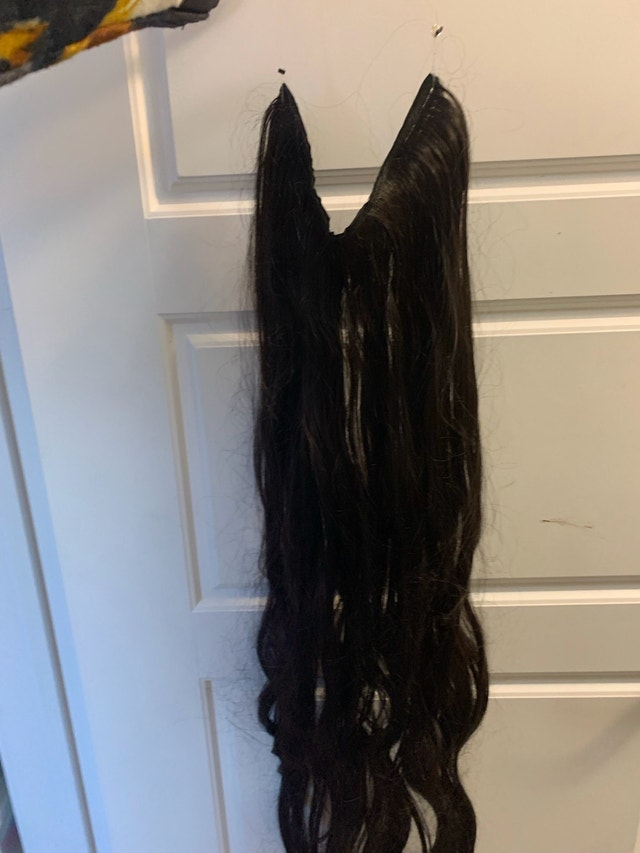 Synthetic hair extensions on rubber band dark brown