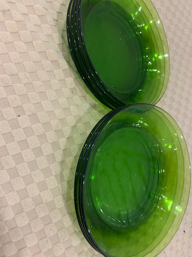 7 Green Glass dinner Plates