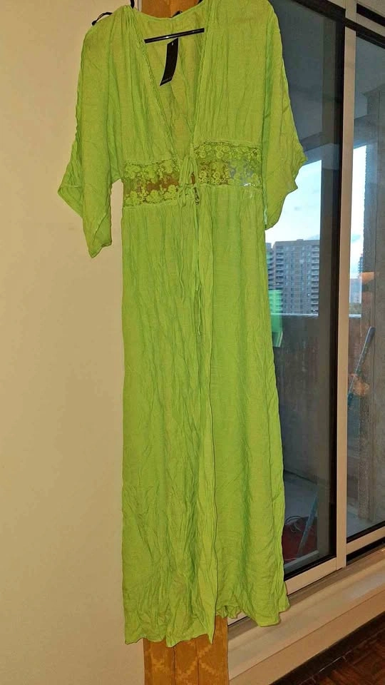 Lime Green Lace Inset Front Open Maxi Dress