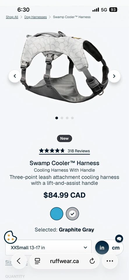 BN Ruffwear Swamp Cooler Harness XXSmall 13-17 in Graphite Gray