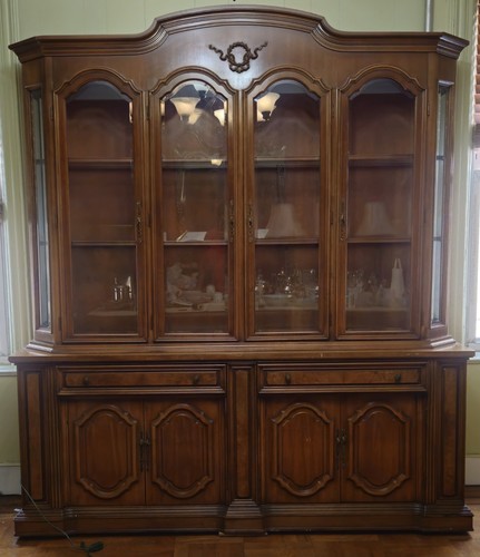 1970s Provincial Walnut Lighted Breakfront China Cabinet