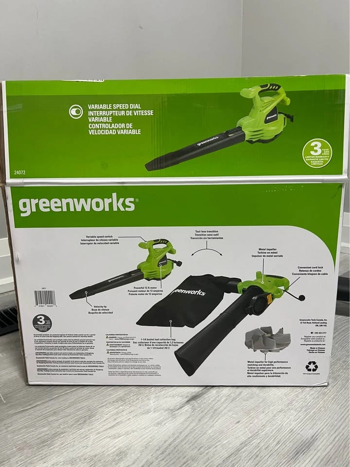 Greenworks 12A Electric Blower & Leaf Vacuum – Like New - photo 3