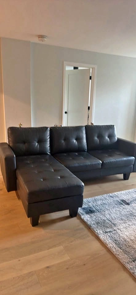 Black Leather Couch Sofa Set, Left Chaise Sectional