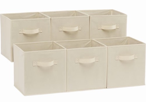 Set of 6 Beige Fabric Foldable Cube Storage Bins w/ Handles 11x1
