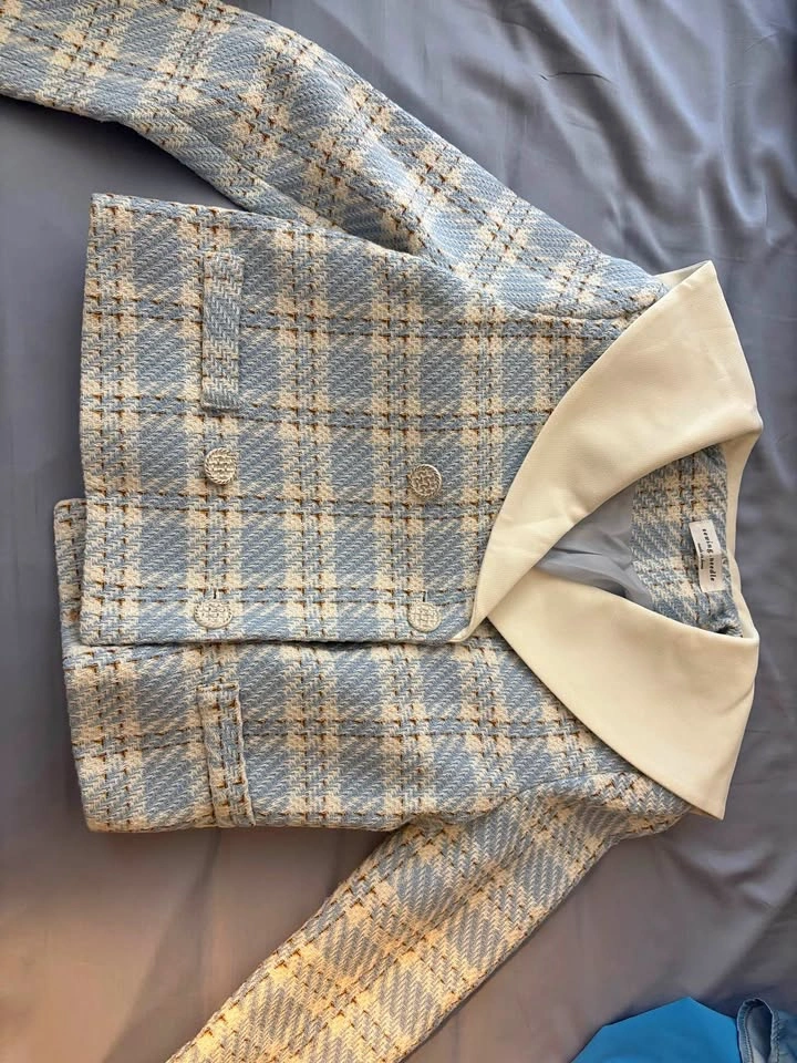 Light blue and white plaid jacket