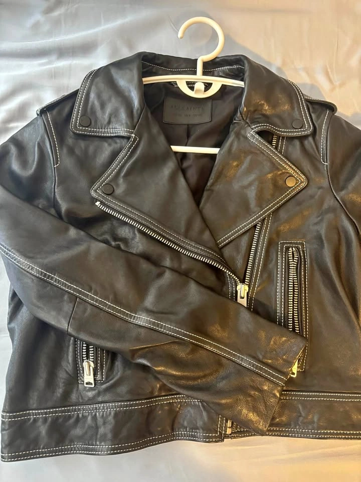 ALLSAINTS black leather biker jacket white stitching