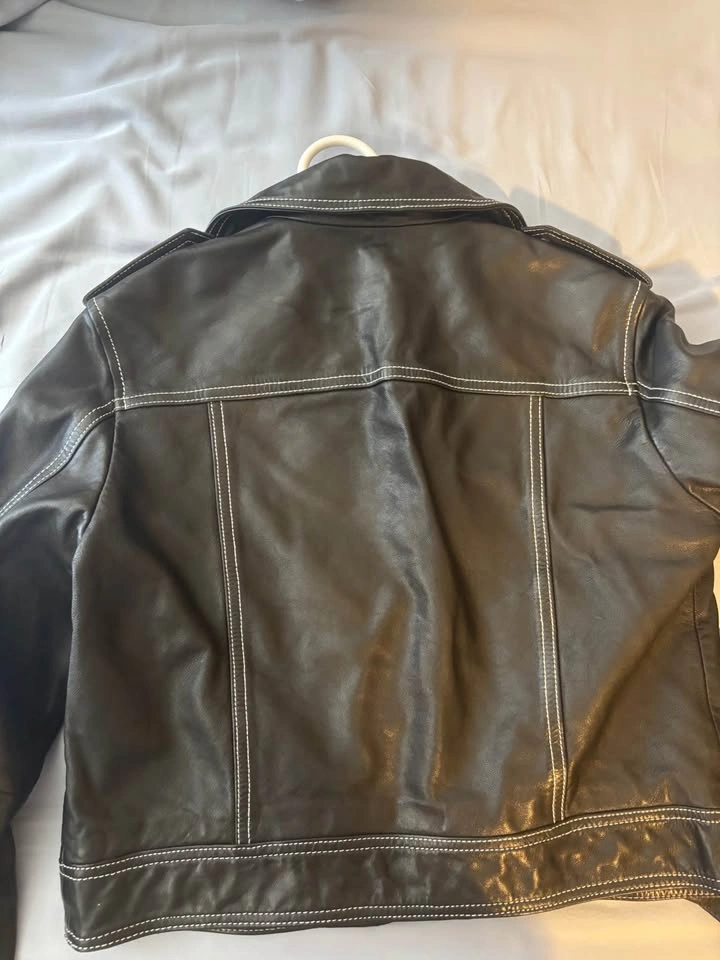 ALLSAINTS black leather biker jacket white stitching - photo 2