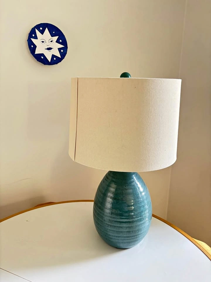 Teal Ceramic Table Lamp with Drum Shade