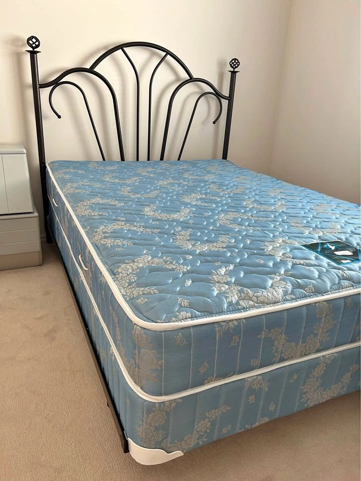 Sears-O-Pedic Double Mattress, Box Spring, and Metal Headboard
