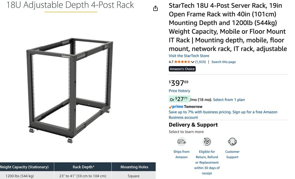 StarTech 18U 4-Post Open Frame Server Rack + Shelves - photo 2