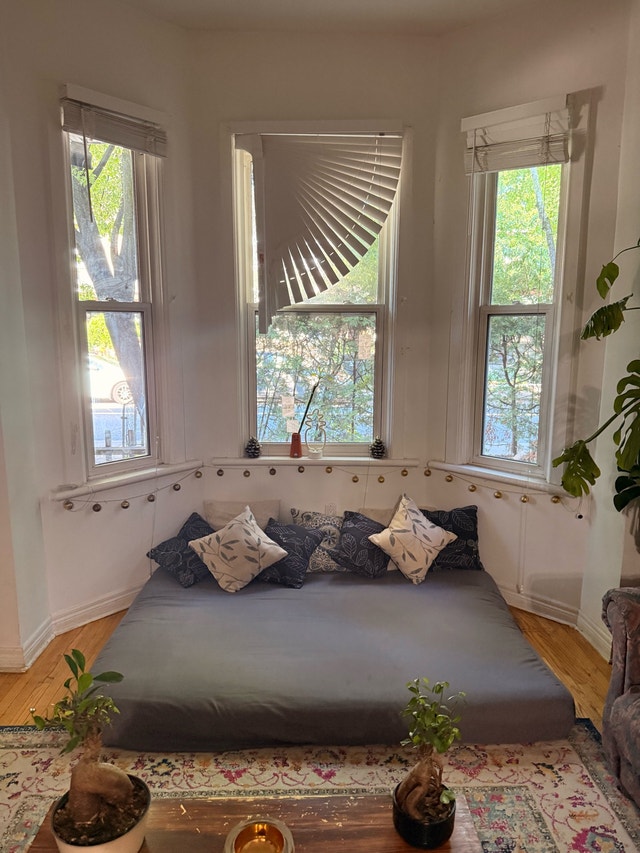 cozy Gray sofa bed with decorative leaf-pattern pillows