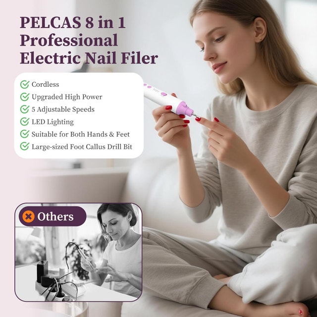 PELCAS 8 in 1 Electric Nail Filer with LED Light, Pink New - photo 4