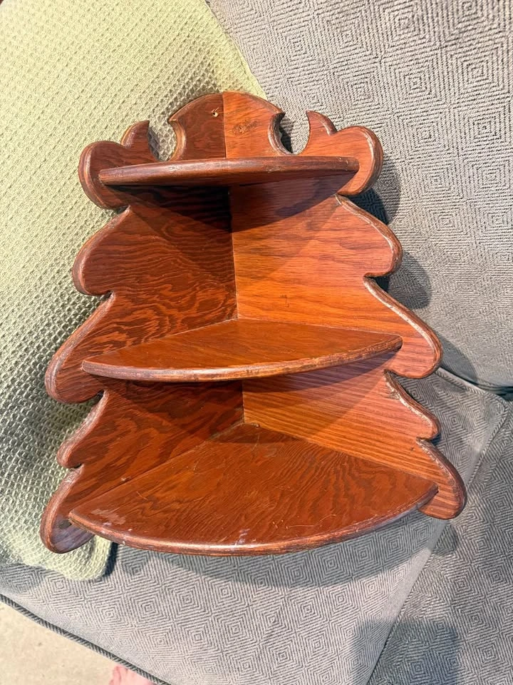 Vintage three-tier wooden corner wall display shelf