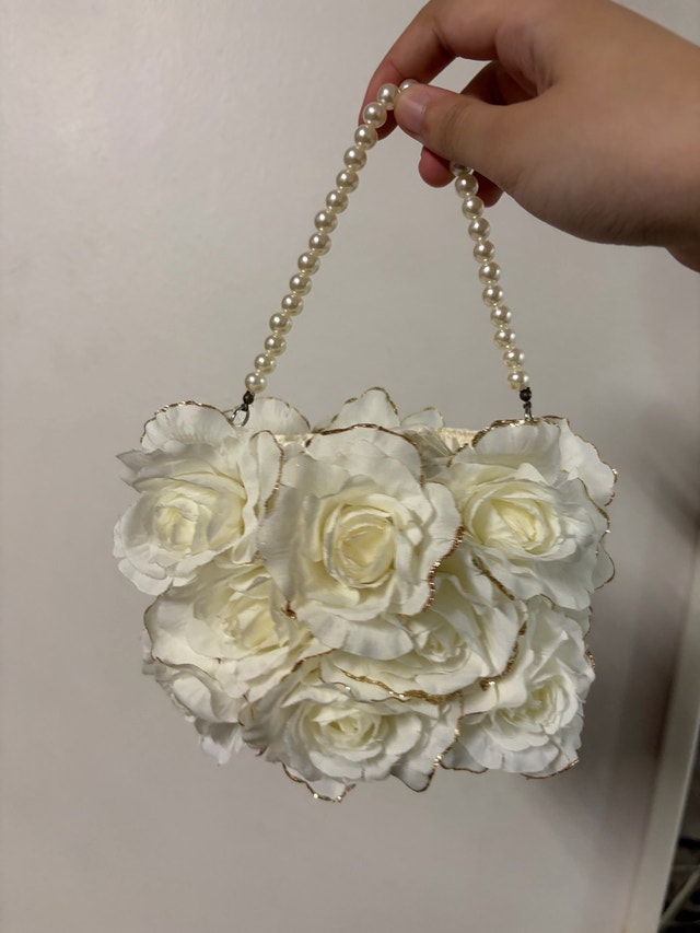 White Floral Rose Evening Bag with Pearl Handle
