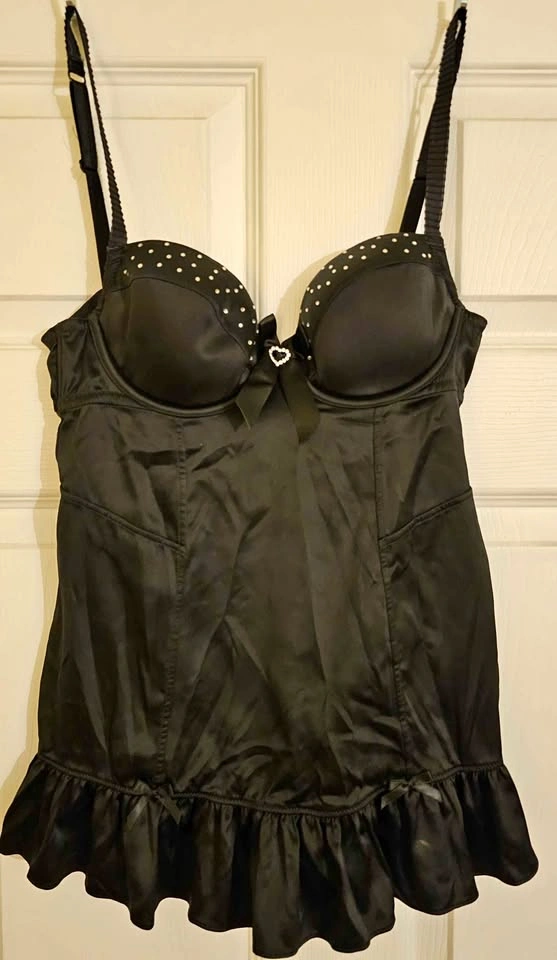 La Senza Black Satin & Rhinestone Chemise Slip - Size Small