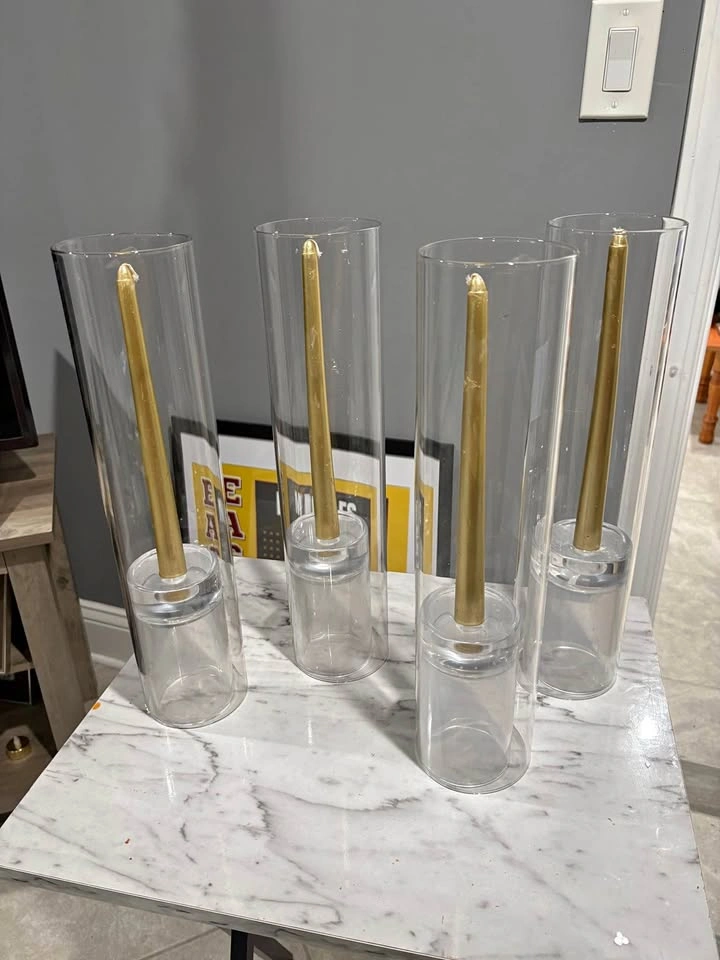 4 Taper Candles, 4 Glass Chimneys and 4 Glass Taper Holders