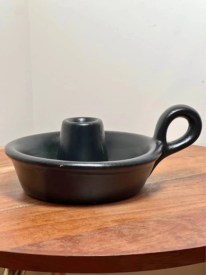 Mid Century Modern Black Stoneware Candle Holder