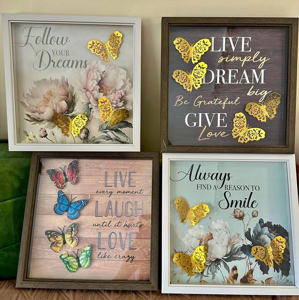 Set of 4 Inspirational Framed Wall Art with 3D Gold Butterflies