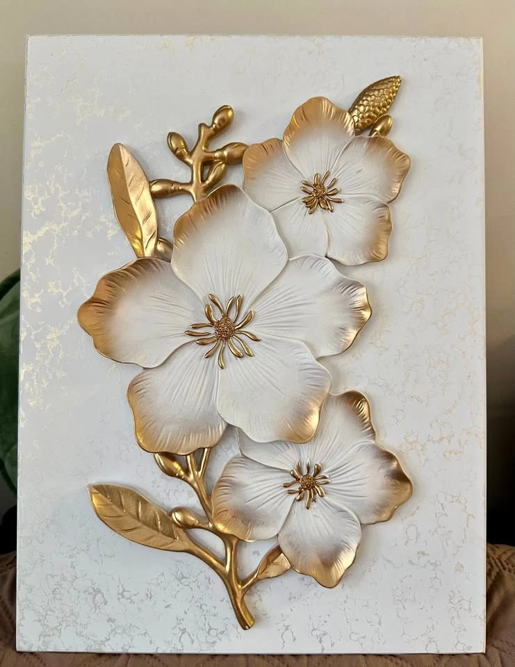 3D Floral Wall Decor – White & Gold – 12" x 16" - Ready to hang