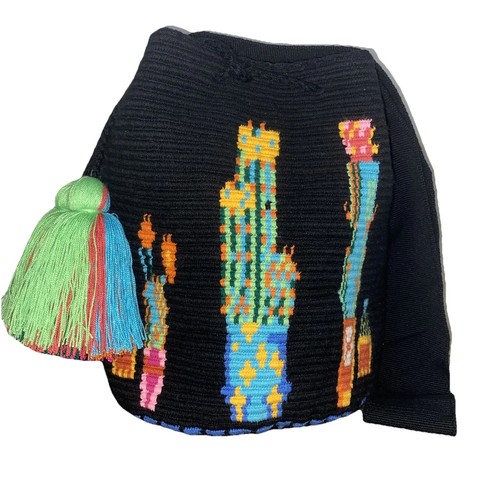 Authentic Wayuu Mochila Colombian Bag Large Black Cactus Print