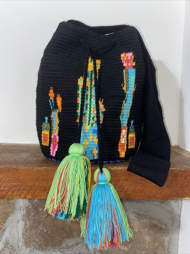 Authentic Wayuu Mochila Colombian Bag Large Black Cactus Print - photo 2