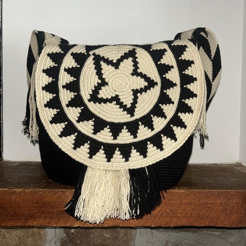 Authentic Wayuu Mochila Colombian Bag Large Black Butterflies