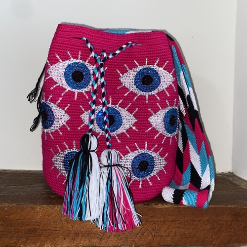 Authentic Wayuu Mochila Bag Large Handpainted Rhinestone Eye - photo 4