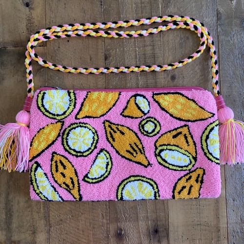 Authentic Wayuu Crossbody Clutch Bag Medium Limes Pink