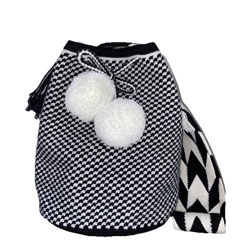 Authentic Wayuu Mochila Colombian Bag Large Neutral Pom Pom