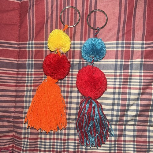2 Pcs Wayuu Colorful Red And Blue Pompom Tassel Keychain Set