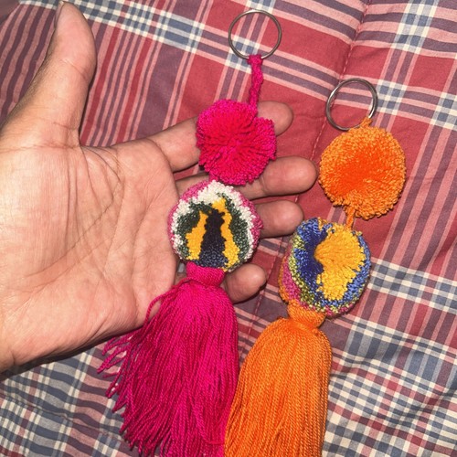 2 Pcs Wayuu Colorful Orange And Pink pompom Tassel Keychain - photo 2