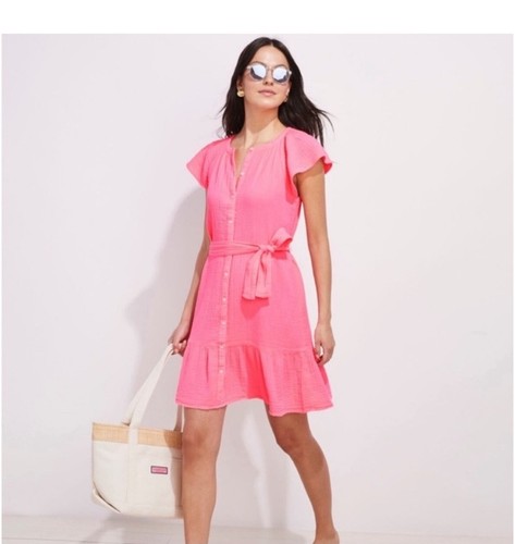 NWT Womens Vineyard Vines Double Gause Shirt Dress S Neon Rosa
