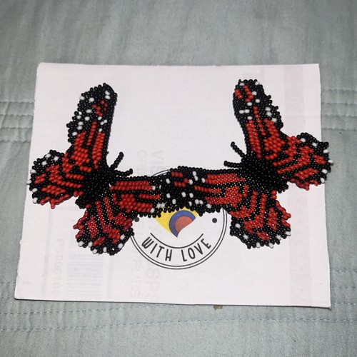 Beaded Butterfly Earrings Colombian Embera Handmade NEW. Red