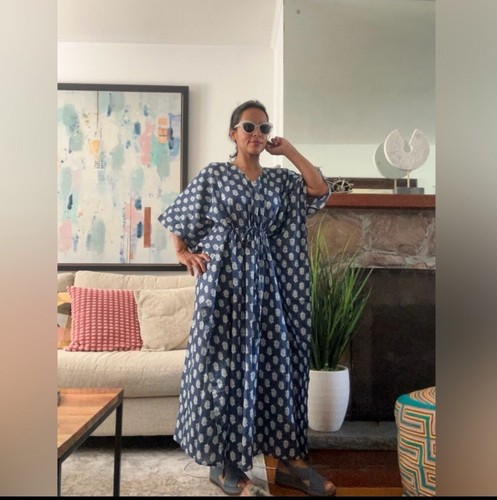 NWOT Floral hand Block Printed Long Kaftan Dress Blue Printed Ka
