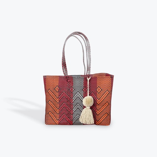 Red Orange Mexican Recycled Plastic Tote Bag with Pom Pom