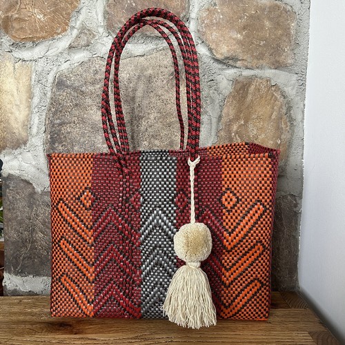 Red Orange Mexican Recycled Plastic Tote Bag with Pom Pom - photo 2