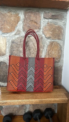 Red Orange Mexican Recycled Plastic Tote Bag with Pom Pom - photo 3