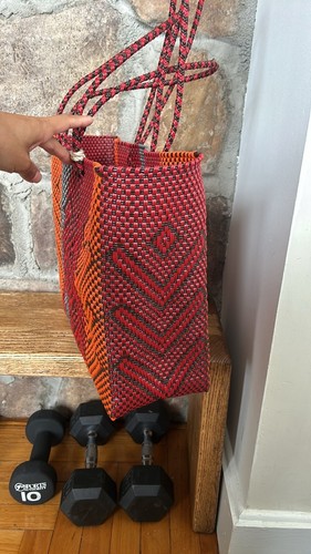 Red Orange Mexican Recycled Plastic Tote Bag with Pom Pom - photo 4