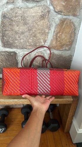 Red Orange Mexican Recycled Plastic Tote Bag with Pom Pom - photo 5