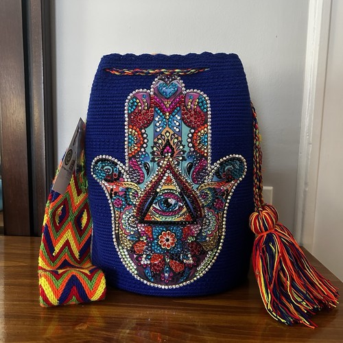 Authentic Wayuu Mochila Bag Large Rhinestones Hamsa Blue