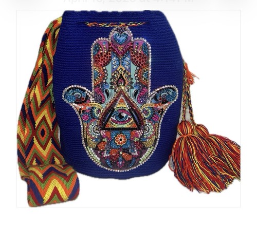 Authentic Wayuu Mochila Bag Large Rhinestones Hamsa Blue - photo 2