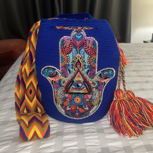 Authentic Wayuu Mochila Bag Large Rhinestones Hamsa Blue - photo 3