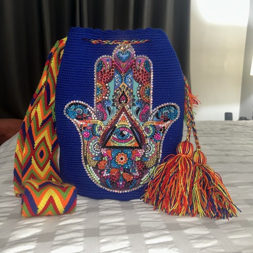 Authentic Wayuu Mochila Bag Large Rhinestones Hamsa Blue - photo 4