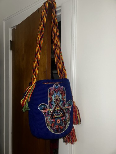 Authentic Wayuu Mochila Bag Large Rhinestones Hamsa Blue - photo 5