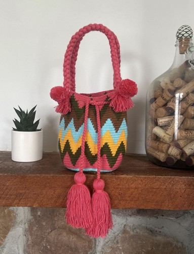 Authentic Wayuu Mochila Mini Boho Tote Bag Chevron Multicolor