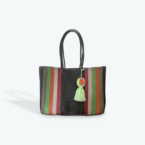 Multicolor mexican recycled plastic tote bag With Pom Pom Charm