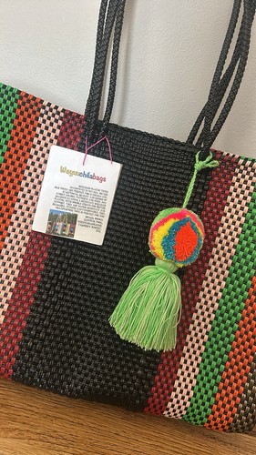 Multicolor mexican recycled plastic tote bag With Pom Pom Charm - photo 5