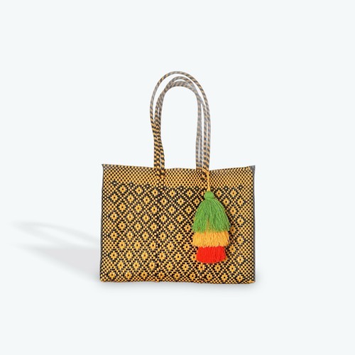 Black Yellow Mexican Recycled Plastic Tote Bag with Tassel